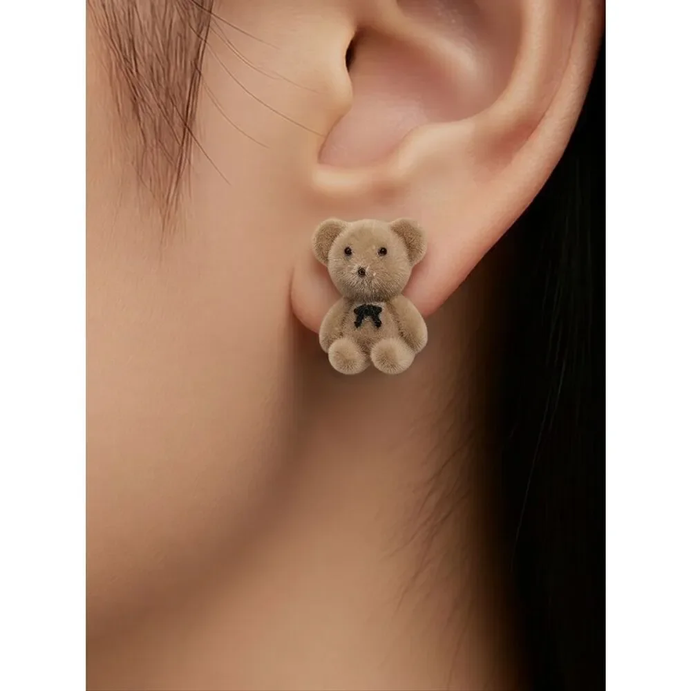 Teddy Bear Earrings Fuzzy Tan Flocked Stud Post Adorable Pierced Jewelry Gift